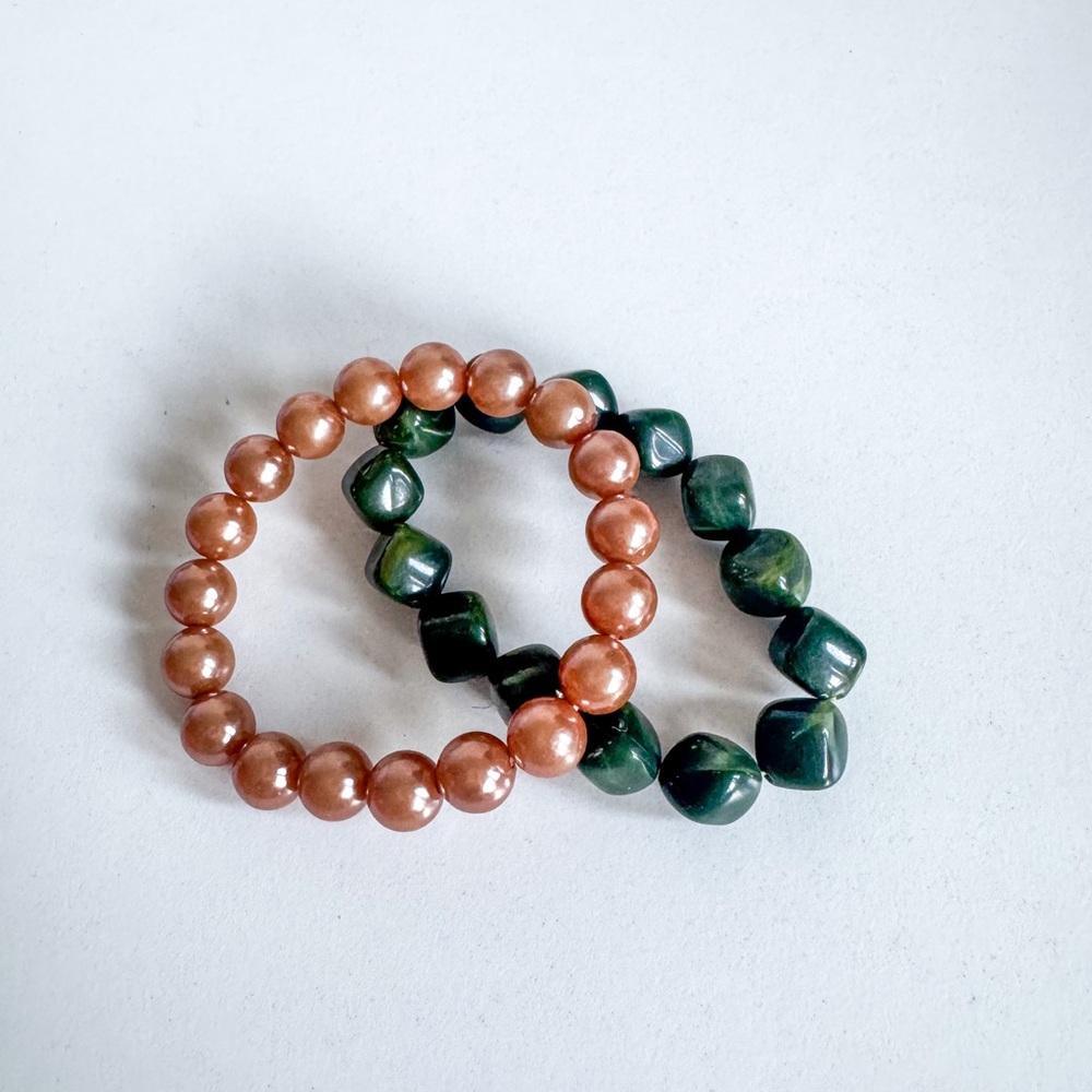 Beaded bracelets, set of 2, rose gold & green